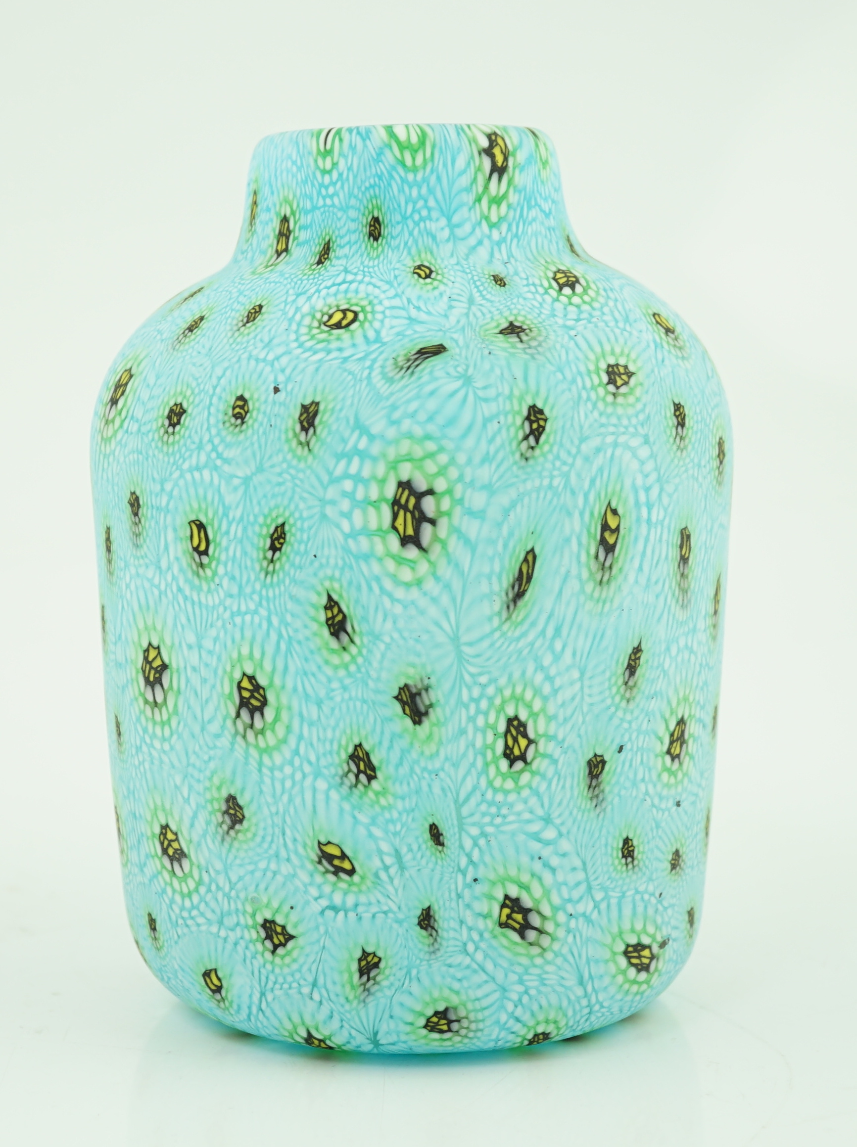 Vittorio Ferro (1932-2012) A Murano glass Murrine vase, with a yellow and green peacock feather ‘’eyes’’, design, on a turquoise ground, unsigned, 17.5cm, Please note this lot attracts an additional import tax of 20% on